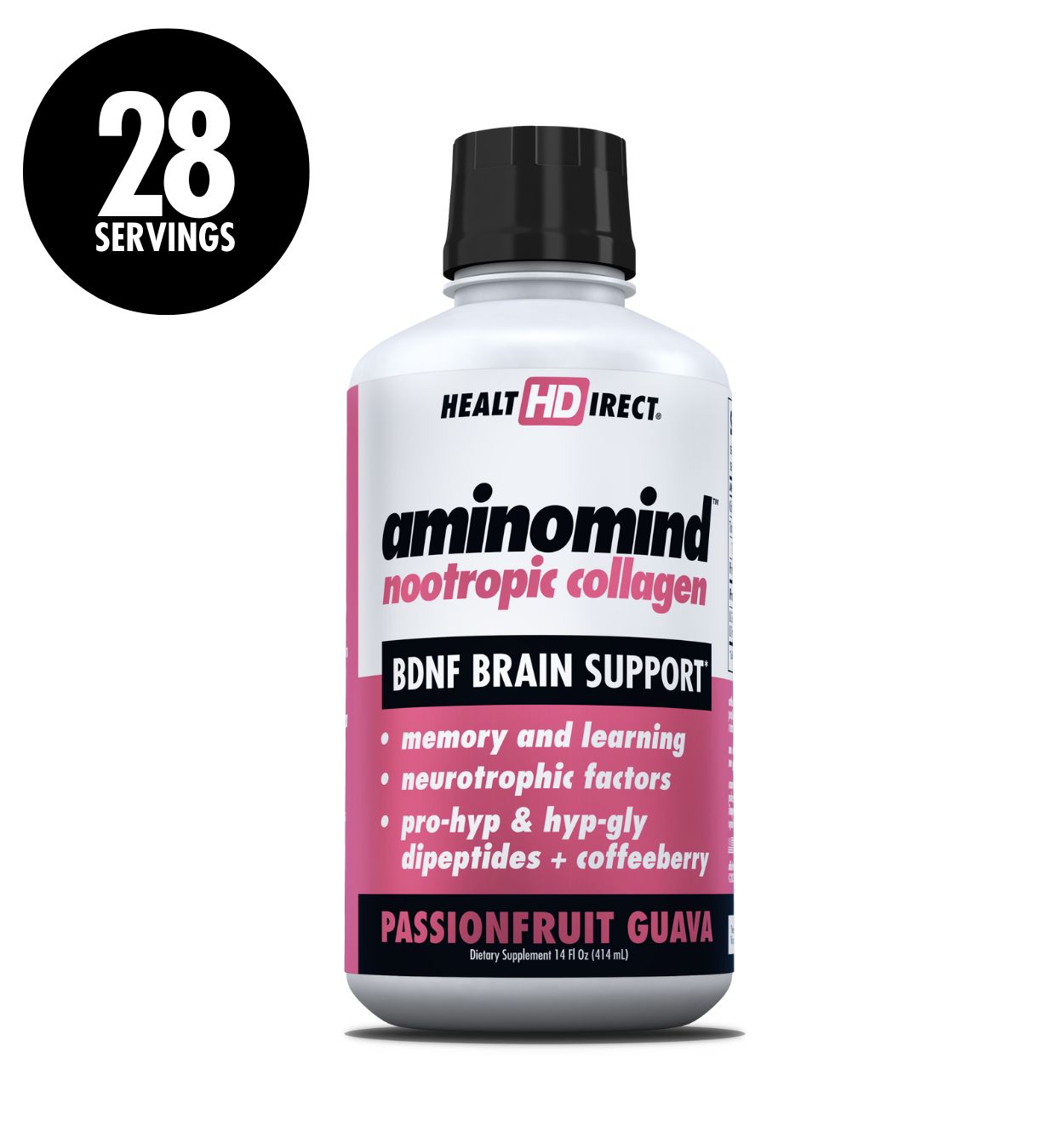 AminoMind Nootropic Collagen, Passionfruit Guava has 28 Servings per 14oz Bottle